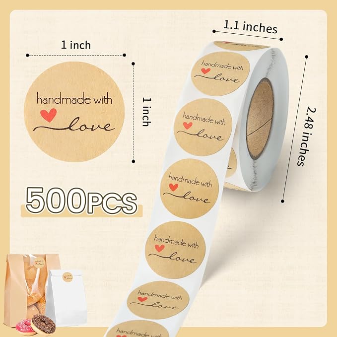 500PCS Handmade with Love Stickers, Kraft Made with Love Tags 1 Inch(25mm) Seal Labels Self-Adhesive for Baked Packaging Envelope Homemade Gift Small Business