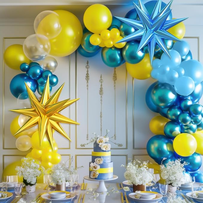 Yellow Blue Clear Balloon Arch Kit with Explosion Star Balloons, Cartoon Theme Blue and Yellow Balloons Garland Kit for Boys Girls Cartoon Birthday Baby Shower Party Supplies