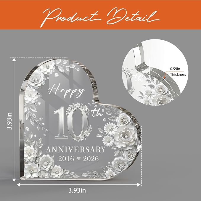 10th Anniversary Cake Topper Acrylic,10 th Anniversary Decorations & Keepsake Gift for Couples（10th Anniversary-Silver Wreath）