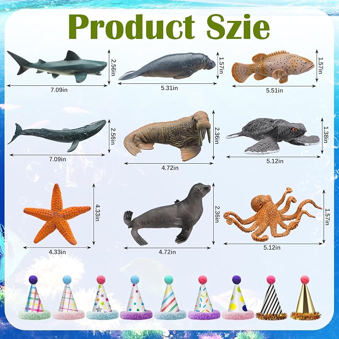 Colingmill 18 Pcs Sea Animal Birthday Party Decorations Mini Birthday Hat Animal Figure Model Cake Toppers with Mini Hat for Animals Themed Party