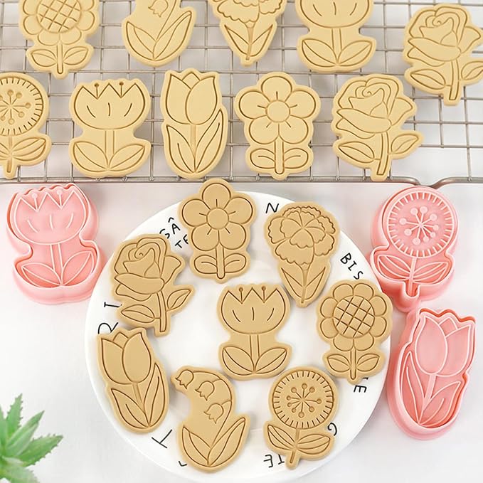 8 Flower Cookie Cutter, 3D Spring Floral Cookie Cutters with Lily of the Valley, Sunflower, Carnation,Tulip,Rose Shapes, Homemake Baking Tools for Mother's Day, Valentine, Holiday DIY Cookies (Flower)