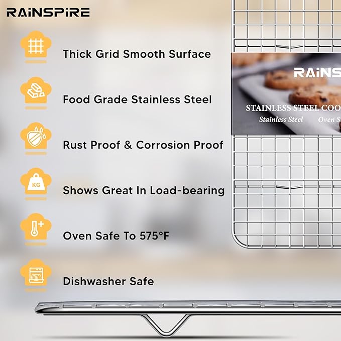 Rainspire Cooling Rack Stainless Steel, Heavy Duty Cooling Racks for Cooking and Baking, Oven Safe Wire Rack for Cooking, Baking Rack for Oven Cooking Fits Half Sheet Cookie Pan, 12" x 17", 2-Pack