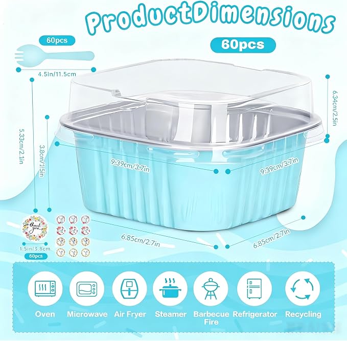 60Pack 5oz Blue Mini Cake Pans with Lids and Spoons Baking Cups Aluminum Foil Pans Tins, Individual Dessert Cups Containers for Sales,Party,Picnics