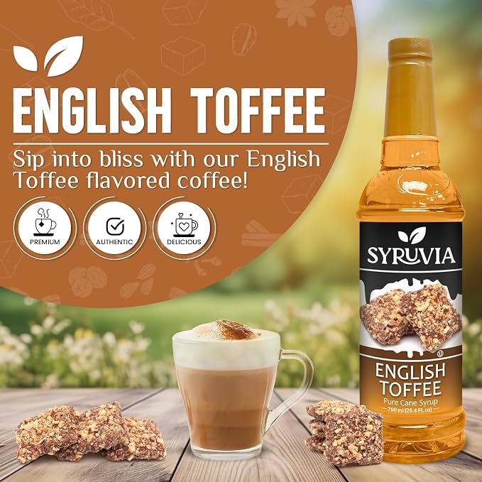 Syruvia Coffee Syrup, English Toffee Flavored Syrup for Drinks, Lattes, and Desserts – 25.4 fl oz - with Pump
