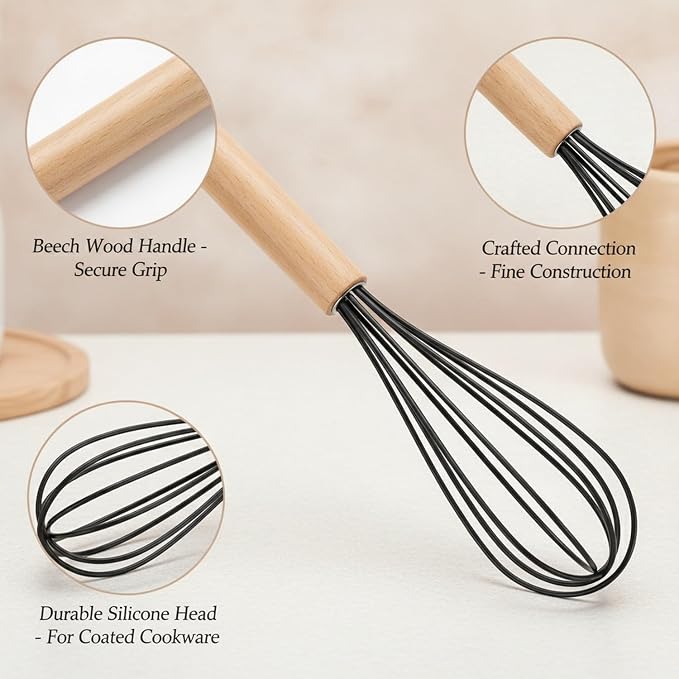 Easy-Use Manual Whisk with Silicone Head and Beech Wood Handle for Coated Cookware, 13-Inch Egg Beater