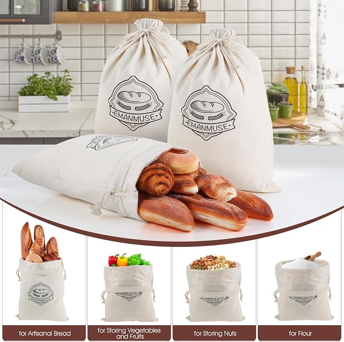 5 Pack Linen Bread Bags for Sourdough, Homemade Bread, TPU Lined | 5 pack linen bread bags with TPU lining, 12 x 17.5 in, for sourdough, loaves, rolls, bagels, reusable