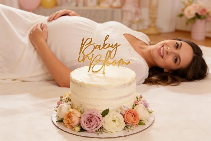 Baby in bloom Cake Topper,Gold Mirror Acrylic Baby shower cake sign Decorations,Gender Reveal Cake Decoration/Pregnancy Announcement/Baby Shower/Birth Announcement/Custom Baby Cake Topper