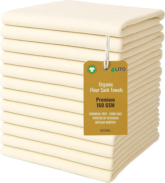 GOTS Certified 100% Organic Cotton Flour Sack | Tea Towel for Crafts| Kitchen Hand and Dish Towel Sets | Baking Bread Proofing Linen Cover| Super Absorbent | 12 Pack 28"x28" Extra Large | Natural Tan