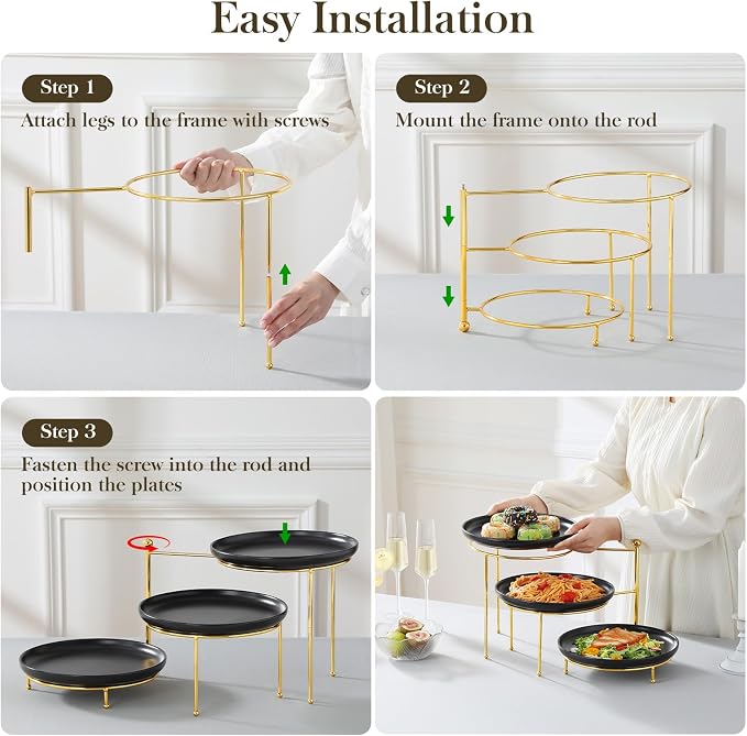 MALACASA Black 3 Tier Serving Tray Stand with Gold Rack, 10 Inch Porcelain Tiered Dessert Stand, Cupcake Fruit Display Tower, Serving Platters for Party, Appetizer Tray, Dessert Table Display