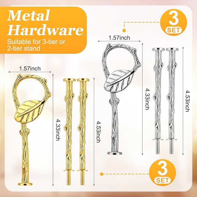 Patelai 3 Tier Cake Stand Hardware Tiered Tray Plate Hardware Kit Heavy Metal Cake Fruit Food Plate Stand Fitting Stacking Kit for Serving Dessert Cupcake Dish (Leaf,Gold,Silver,6 Sets)