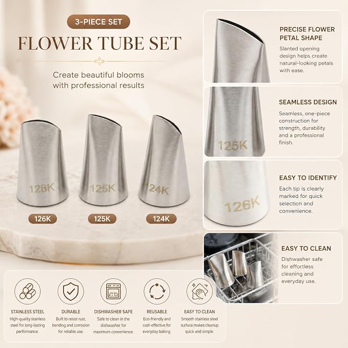 3 Pcs Korean Flower Piping Tips Set, Stainless Steel Flower Tubes 124K 125K 126K for Buttercream, Frosting Nozzles for Korean-Style Flowers, Peonies, Roses, Ranunculus