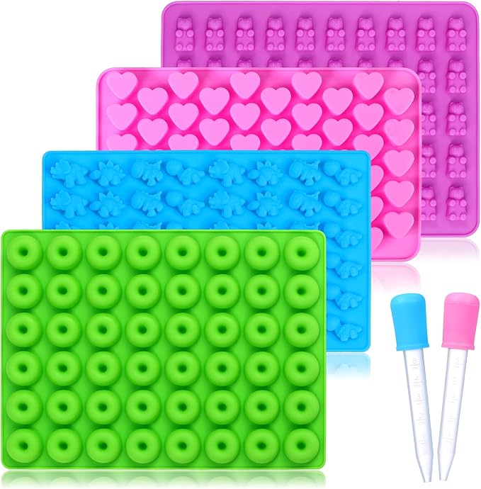 Candy Molds Silicone, with 2 Droppers, Non-Stick Silicone Candy Molds Including Mini Dinosaur, Bear Shape, Hearts and Mini Donut, Set of 4