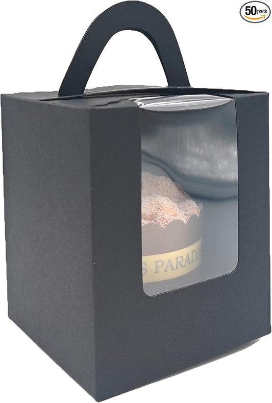 Individual Cupcake Boxes Bulk, 50 Pack Premium Single Cupcake Boxes with Clear Display Window, Food Grade Black Cupcake Carrier Cupcake Container, Perfect for Cupcakes Muffins Cookies