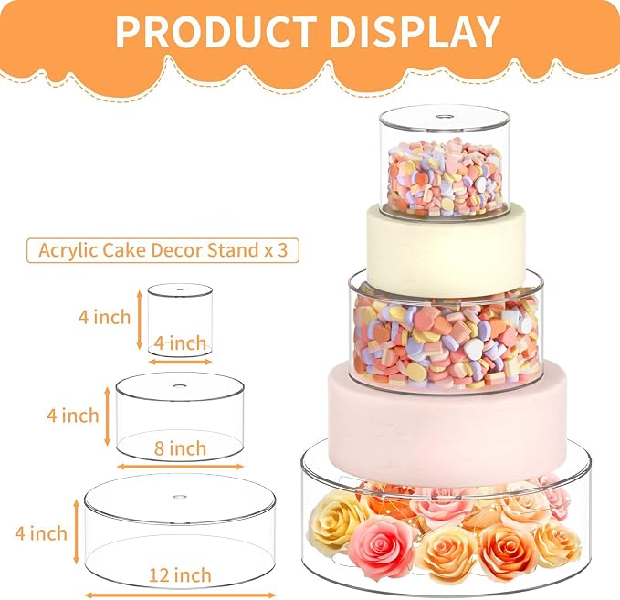 NPPLUS 3PCS Clear Acrylic Cake Stand, Fillable Cake Box Riser Cake Tier, Round Cake Display Box with Lid, Decorative Centerpiece Box for Wedding Birthday Party (12" Dx4 H,8" Dx4 H,4" Dx4 H