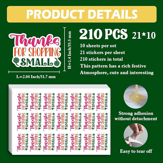 210 PCS St. Patrick's Day Business Packaging Stickers,Thanks for Shopping Small Sticker for Envelopes Shipping Boxes Product Packaging