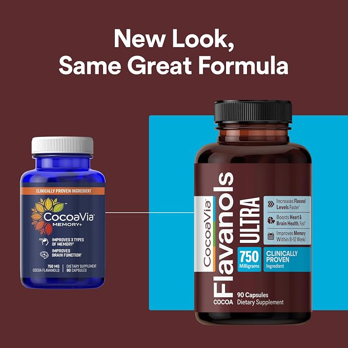 CocoaVia Ultra 750mg Cocoa Flavanols – Heart & Brain Support, Memory & Blood Circulation Booster, High Flavanol Cocoa for Nitric Oxide, Energy & Oxygen Boost, Vegan, Gluten-Free, 90-Day Supply