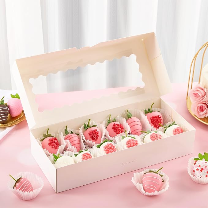 Ocmoiy 20 Pack Cookie Boxes, 12x5.5x2.5 Inch Bakery Boxes with Window, Auto-Popup Treat Box for Chocolate Covered Strawberries, Hot Cocoa Bombs, Pastries, Donuts, Muffins