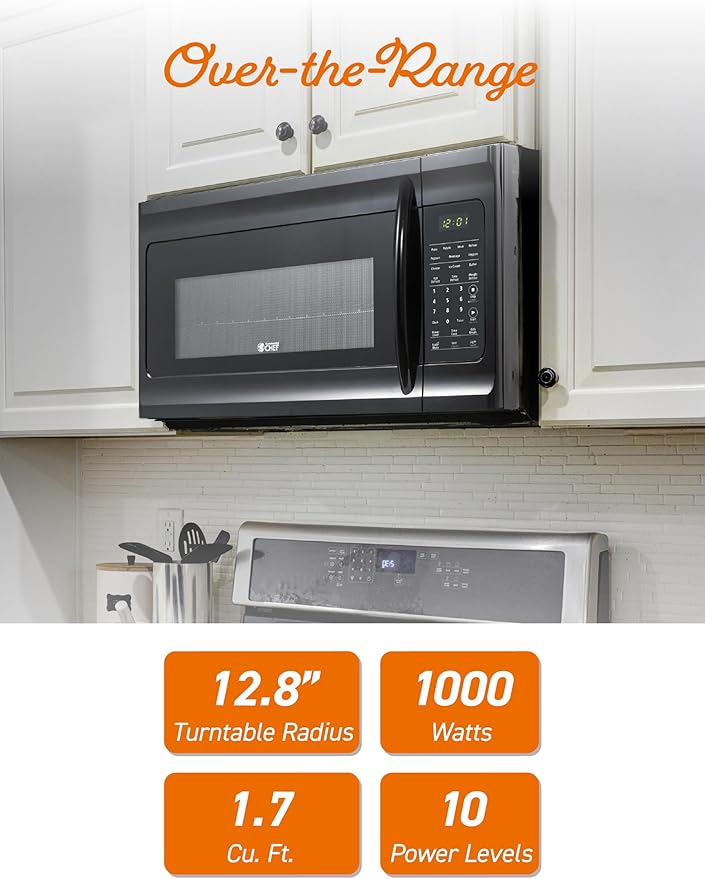 Commercial Chef 1.7 Cu. Ft. Over-The-Range Microwave Oven, 1000 Watt Microwave with 10 Power Levels, 300 CFM Hidden Vent Hood Fan, Touch Controls, LED Display, 10 Preset Options, CHMR17GB, Black