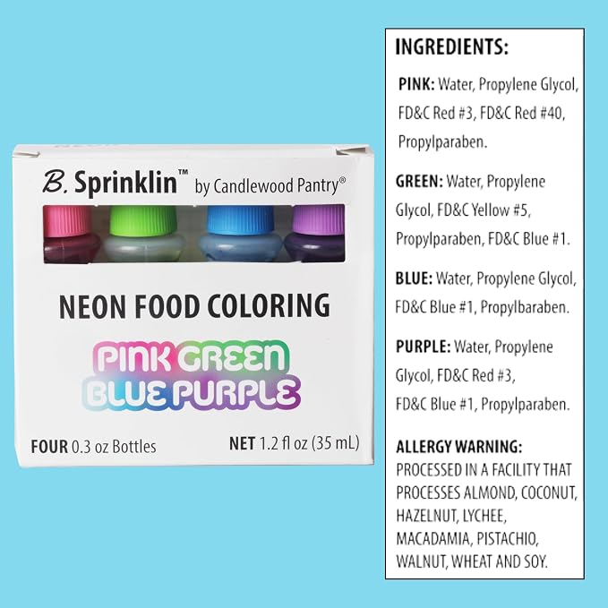 B. Sprinklin Assorted Liquid Food Coloring Kit - Neon and Regular (8) Colors, Vibrant Food Dye for Slime Crafts, Dying Eggs, Frosting and Cake Decorating, 8 Bottles, 0.3 fL Oz by Candlewood Pantry