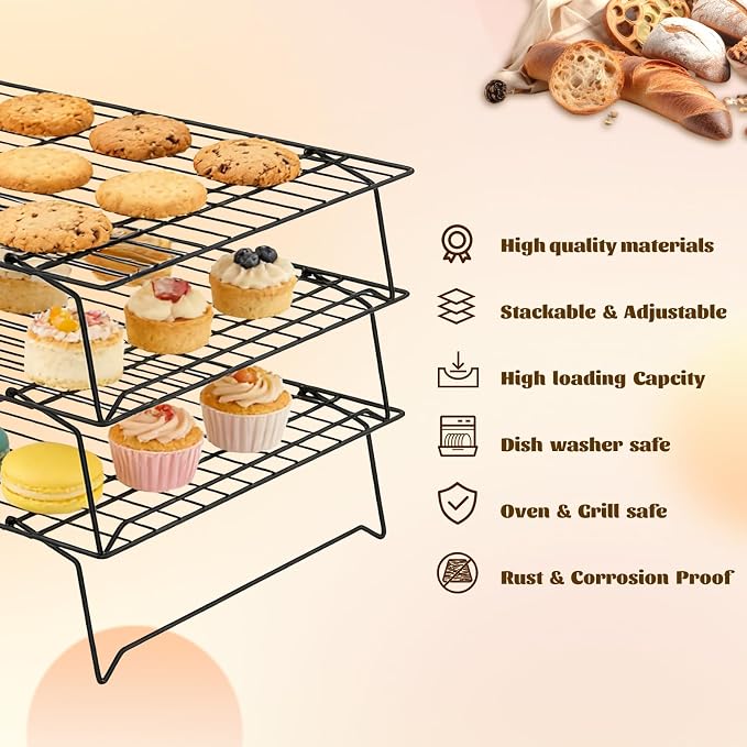 3-Tier Stackable Cooling Rack 13.4x9.4 Collapsible Baking Rack with Non-Stick Coating, Rustproof Heavy Duty Iron Wire Racks for Cooling, Baking, Grilling, Oven & Dishwasher Safe