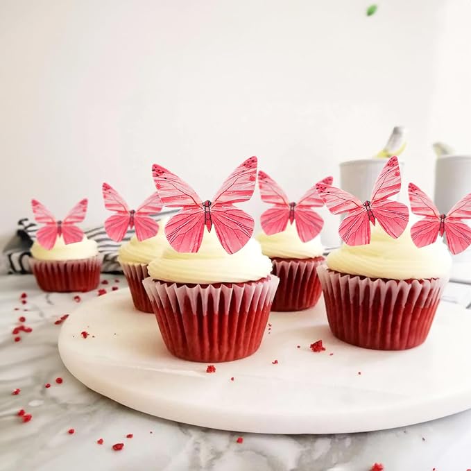 Gyufise 72Pcs Edible Cupcake Toppers - Butterfly & Rose Red Cake Decoration for Baby Shower & Kids Birthday Party