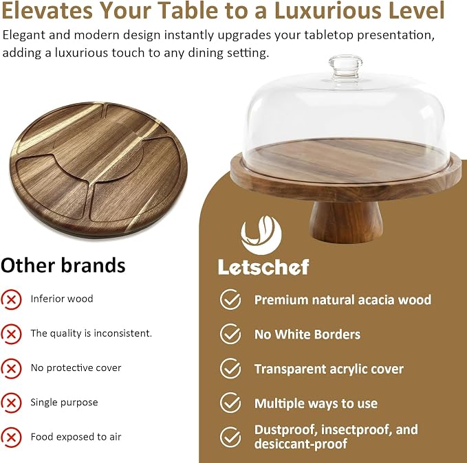 Acacia Wood Cake Stand with Dome Lid, Footed Wooden Cake Display Plate with Clear Acrylic Cover, Perfect for Birthday Parties, Weddings, Dessert Table & Home Kitchen Decor