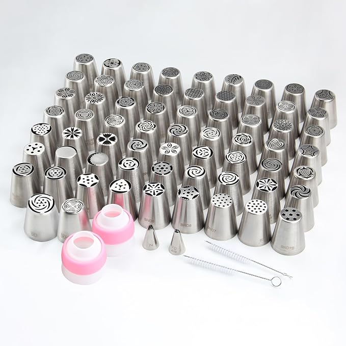 82Pack Large Russian Flower Nozzles for Cake Decorating Stainless Steel Buttercream Bouquet Nozzles,Includes 65 Large Flower Nozzles,2 Leafs, 2 Converters,2 Brushes,1 Silicone,10 Framing Bags
