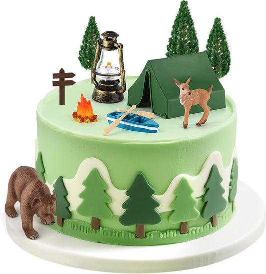 Camping Cake Toppers 12Pcs Camping Themed Party Decoration Include Tent Bonfire Tree Boat Deer for Kids Adults Adventure Theme Birthday Party Supplies