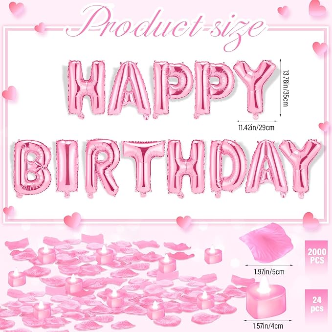 Pink Happy Birthday Balloons Decorations Happy Birthday Letter Balloons Banner Set with 24pcs Heart Flameless LED Candles and 2000pcs Artificial Rose Petals for Women Men Room Party Decor