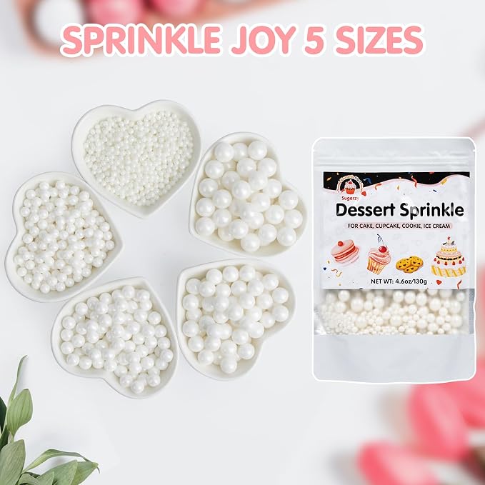 Edible White Pearl Sprinkles for Cake Decorating,130g/4.58oz,Edible Pearls Sugar Sprinkle Mix Size,Baking Candy Decorations,Cupcake Toppers,Cookie Donuts Ice Cream Dessert Decorating,Wedding Birthday Party