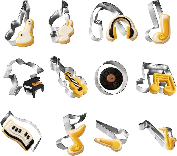 Music-Themed Cookie Cutter Set - 12Pcs Mini Cookie Cutters Variety Pack with Dough Scraper, Stainless Steel Cookie Mold for Biscuits, Fondant, Sandwiches and Pancakes