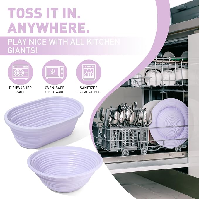 Sourdough Starter Kit,9" Round & 10" Oval Silicone Banneton Bread Proofing Basket Set with Reinforced Support,Sourdough Bread Baking Supplies Kit,34oz Sourdough Starter Jar,Baking Mat(Purple)