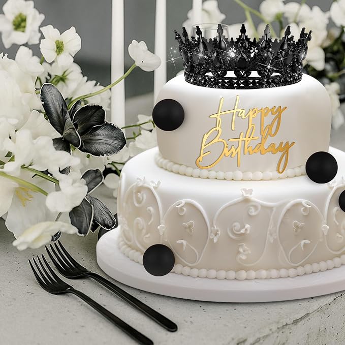 8 Pcs Black Queen Crown Cake Topper for Women, Happy Birthday Cake Toppers Foam Balls Rhinestone Crystal Tiara Wedding Decoration for Princess Party Photo Props