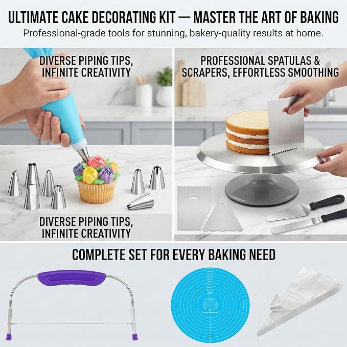 Cake Decorating Supplies Kit with 12" Aluminum Rotating Cake Turntable Stand, Professional Baking Tools, Cake Leveler, Spatulas & Scrapers, Complete Kit for Birthday & Wedding Cakes(74Pcs)