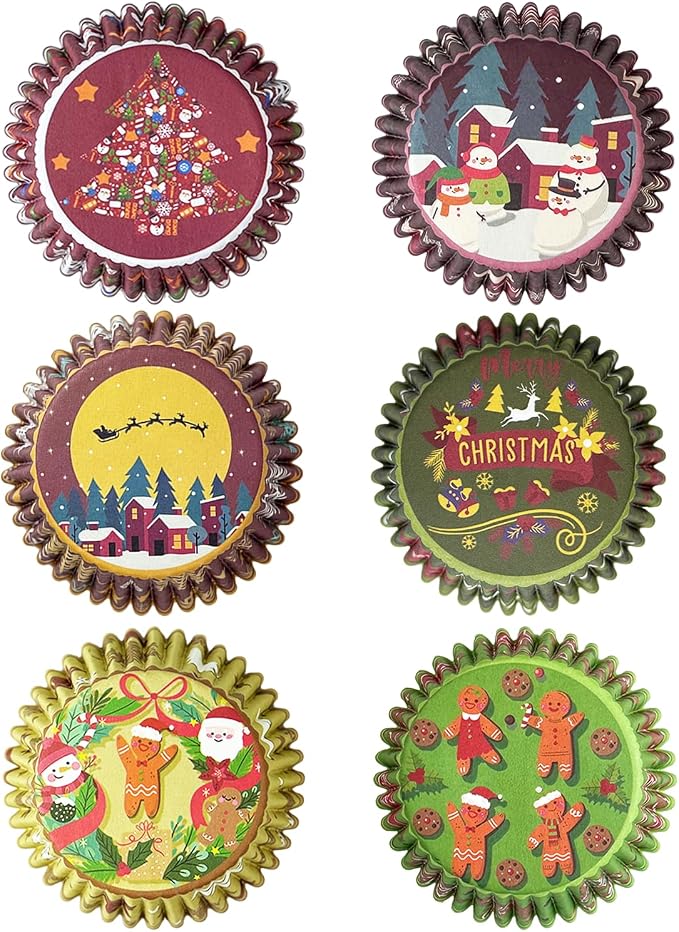 qiqee Christmas Jumbo Cupcake Liners 300PCS Cupcake Liners Cupcake Cups 6 Designs Christmas Gingerbread Man Cupcake Papers Baking Cups Cupcake Wrappers (Large Size)