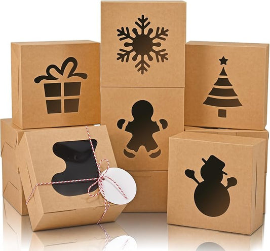 COTOPHER 18Pcs Christmas Cookie Boxes with Window, 6x6x3 inch Brown Bakery Boxes for Gift Giving, XMAS Treat Boxes Holiday Pastries Boxes for Cakes Muffins Donuts Chocolate Strawberries