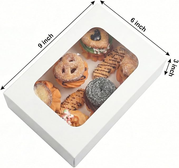 YEKTFS 24 Pack Cookie Boxes with Window, 9x6x3 Inch White Bakery Containers for Desserts, Candy, Muffins, Donuts, Chocolate Covered Strawberries & Gift Giving
