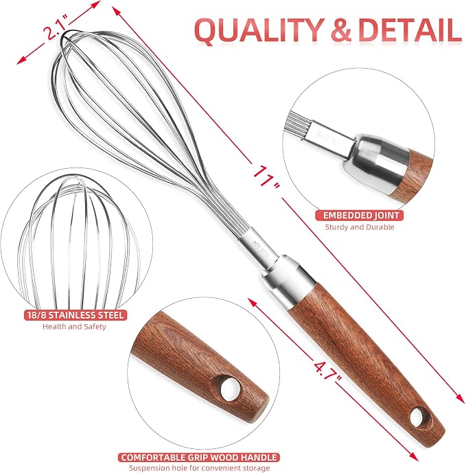 Whisk for Cooking,Stainless Steel Wire Wooden Handle Kitchen Multi Function Non Stick Balloon Whisk Egg Beater for Blending Whisking Beating Frothing Stirring Batters (11"L x 2.1"W)
