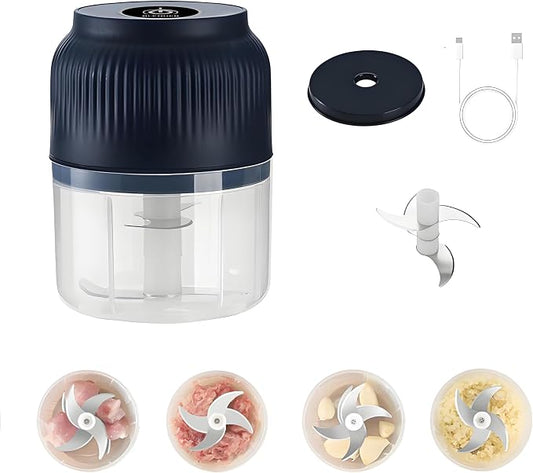 Cordless Multifunctional Electric Garlic Chopper,350ml Mini Food Processor with 6 Blades,USB Rechargeable 1-Touch Food Grinder for Garlic, Onion, Ginger, Chili (Blue,4 Blades)