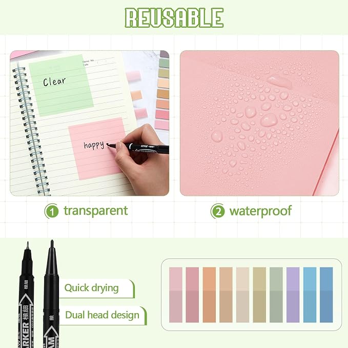 Jutom 39 Pcs Aesthetic Book Annotation Kit Highlighter with Case Bag Gel Pen Transparent Sticky Note Taking Bible Supplies(Green,Kawaii Style)