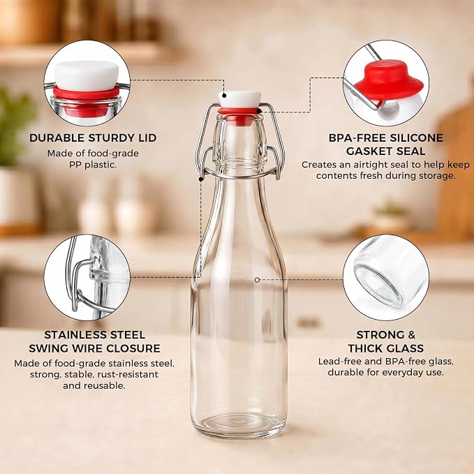 Ruckae Swing Top Glass Bottles,Flip Top Glass Bottle with Lids Sealable Kombucha Bottle for Brew Beer Syrup Vanilla Extract Air Tight Bottles for Gift (12 oz 10 pack)