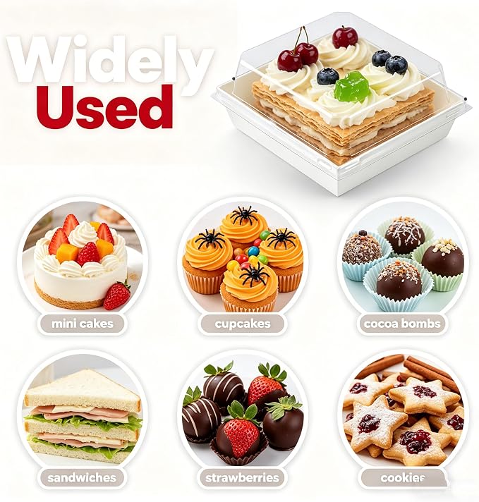 100 Pack Charcuterie Boxes with Clear Lids, White Paper Cake Sliced Boxes, 5 Inch Cute Square Dessert Boxes for Swiss Roll, Hamburger, Pasta, Salad, Cookie Wedding, Birthday