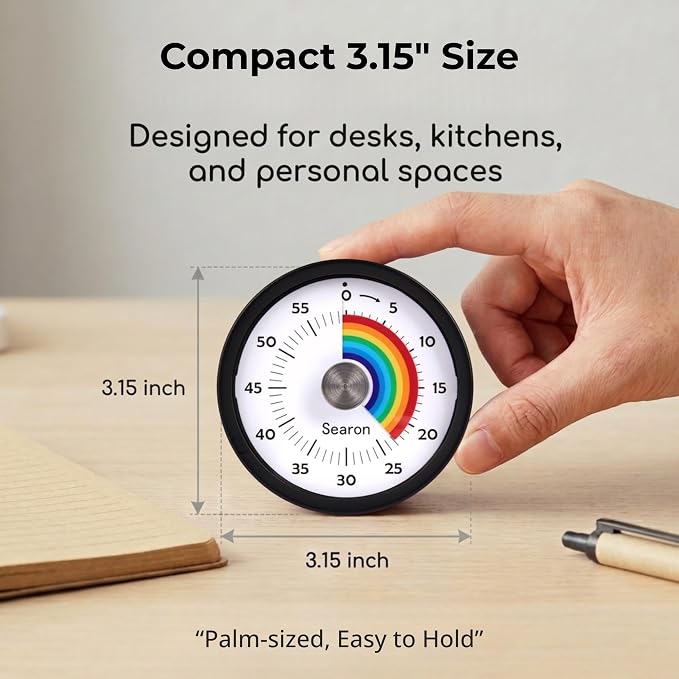 Searon Magnetic Visual Timer for Kids & Kitchen – 3.15" Rainbow Countdown Clock, 60-Minute Dial Timer, Sound or Silent LED Alert, Pause Function for Cooking, Baking, ADHD & Daily Routines (Black)
