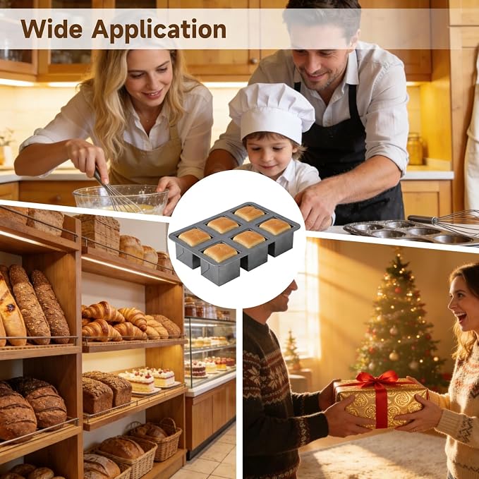 6-Cavity Mini Pullman Loaf Pan with Lid, 10.24 x 6.89 x 2.36 in Nonstick Square Bread Baking Pan, Carbon Steel Toast Box Mould with Cover for Oven, Dark Gray