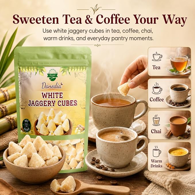 Danodia Foods Organic White Jaggery Cubes, Cane Gur Sweetener, 1 lb Pack | Jaggery gur pieces for chai, coffee, desserts and cooking; Gluten-Free, Vegan; traditional Indian cane sweetener; pantry use