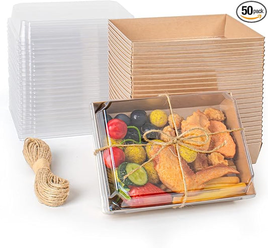 7x5 Inches Charcuterie Boxes with Clear Lids, 50 Pack Disposable Take Out Food Containers, Large Paper Bakery Cake Boxes for Strawberries, Cookies Cupcakes (Brown)