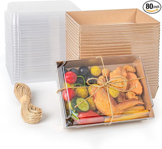 7x5 Inches Charcuterie Boxes with Clear Lids, 80 Pack Disposable Take Out Food Containers, Large Paper Bakery Cake Boxes for Strawberries, Cookies Cupcakes (Brown)