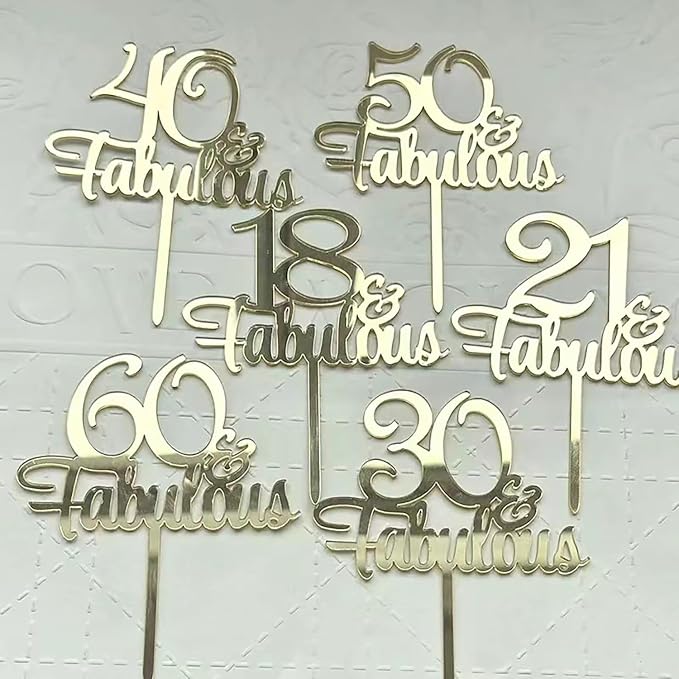 1PCS 50 Fabulous Cake Topper, Gold Acrylic Fifty Birthday Cake Decoration Cake Pick for 50th Anniversary Party Decoration Supplies (50)