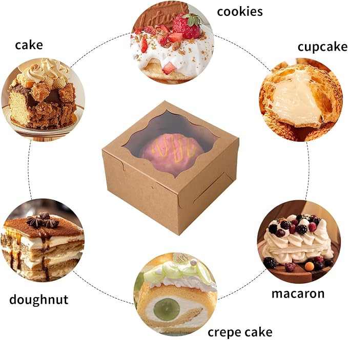 25pcs Brown Small Cake Box,4x4x2.5 Inch Bakery Boxes with Window,gift boxes bulk for Mini Cake Pastry Dessert Strawberries Chocolates Cupcakes with Stickers