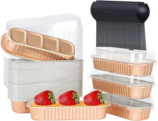 Disposable Mini Cake Pans with Lids 50 Pack,LNYZQUS 6.8oz Rectangle Baking Cups Muffin Tins, Aluminum Foil Baking Tins Mini Loaf Baking Pans Holders-Champagne